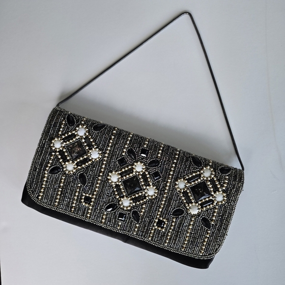 Banana Republic Sofie Beaded Clutch Black and Silver - Like New